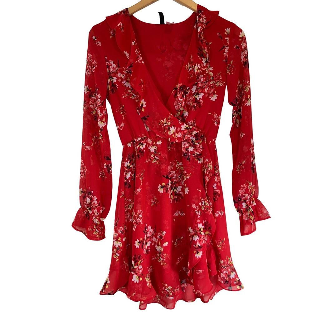 H&M Divided Red Floral Ruffle Wrap Mini Dress sz 4 Romantic Boho Women romantic